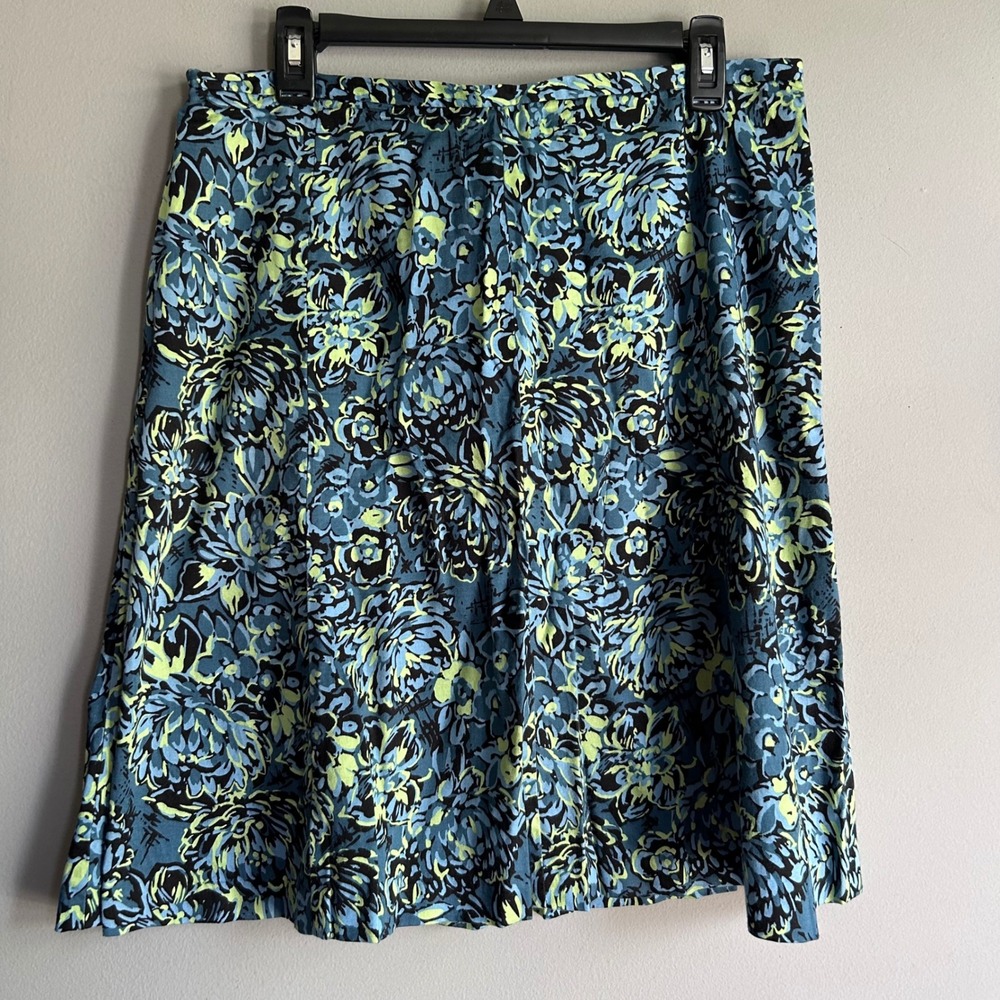 Attention Womens Blue Green Floral Cotton A-Line Skirt Size 14 Knee Length Flare